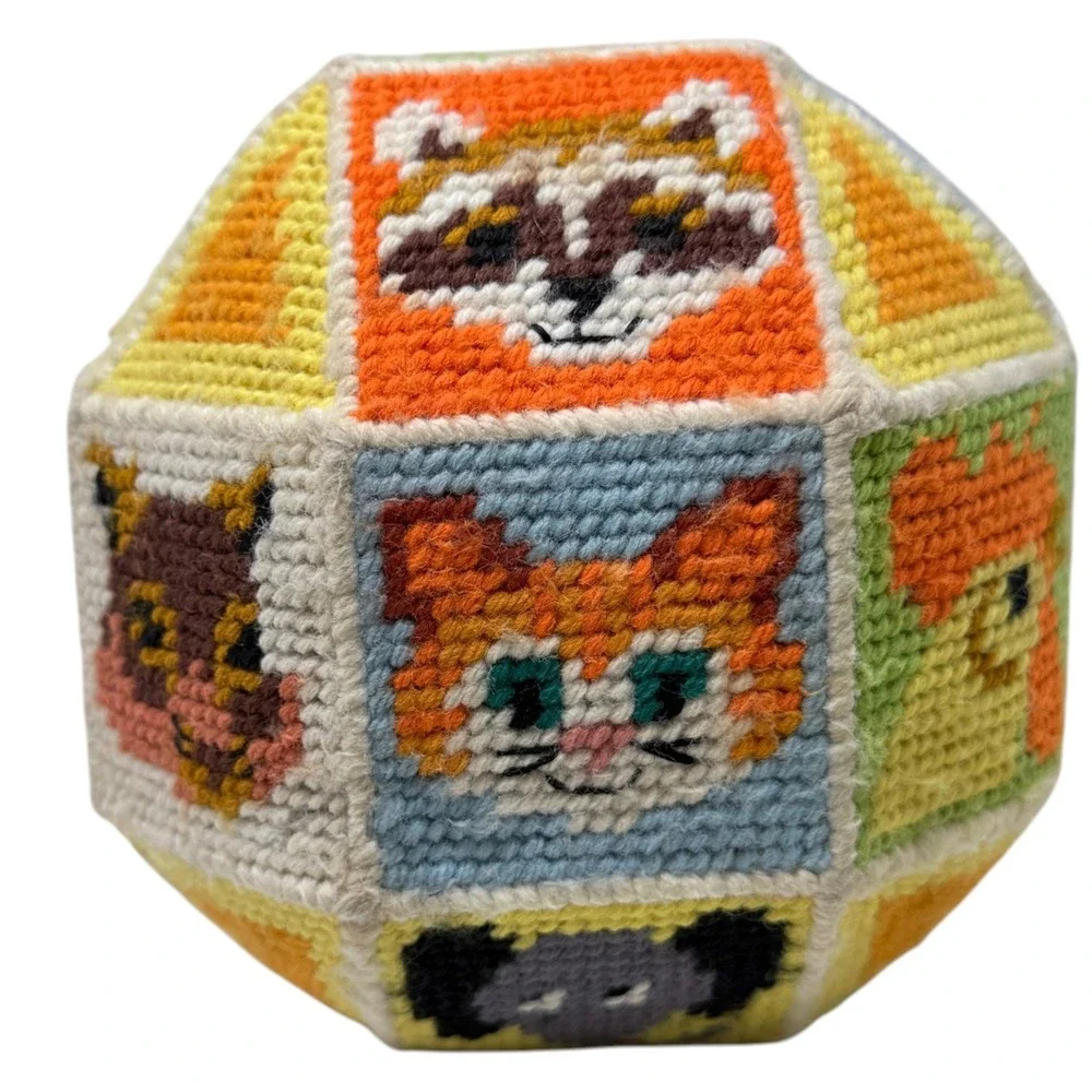 Vintage Needlepoint Soft Ball Toy Multicolor Animal Faces Nursery Decor 70's